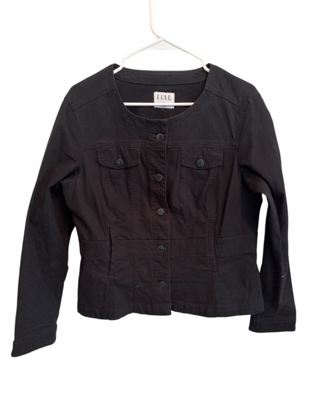 Elle Black Round-Neck Button Jean Jacket. Size Large